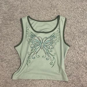 Sage green/forest green tank top rhinestone butterfly decal